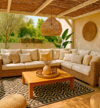 Terraza con pérgola de cañizo natural