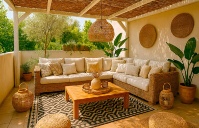 Terraza con pérgola de cañizo natural