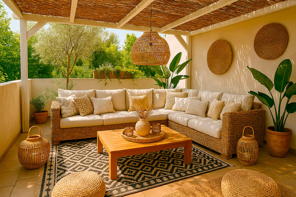 Terraza con pérgola de cañizo natural